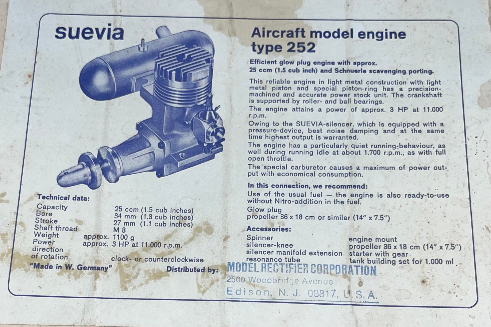 Suevia 1.5 Glow Engine, Made in W. Germany, Never Run photo 8
