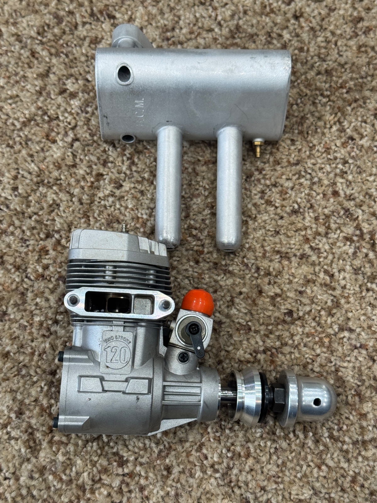 O.S. 120 AX two-stroke nitro engine with BCM Pitts-style muffler photo 2